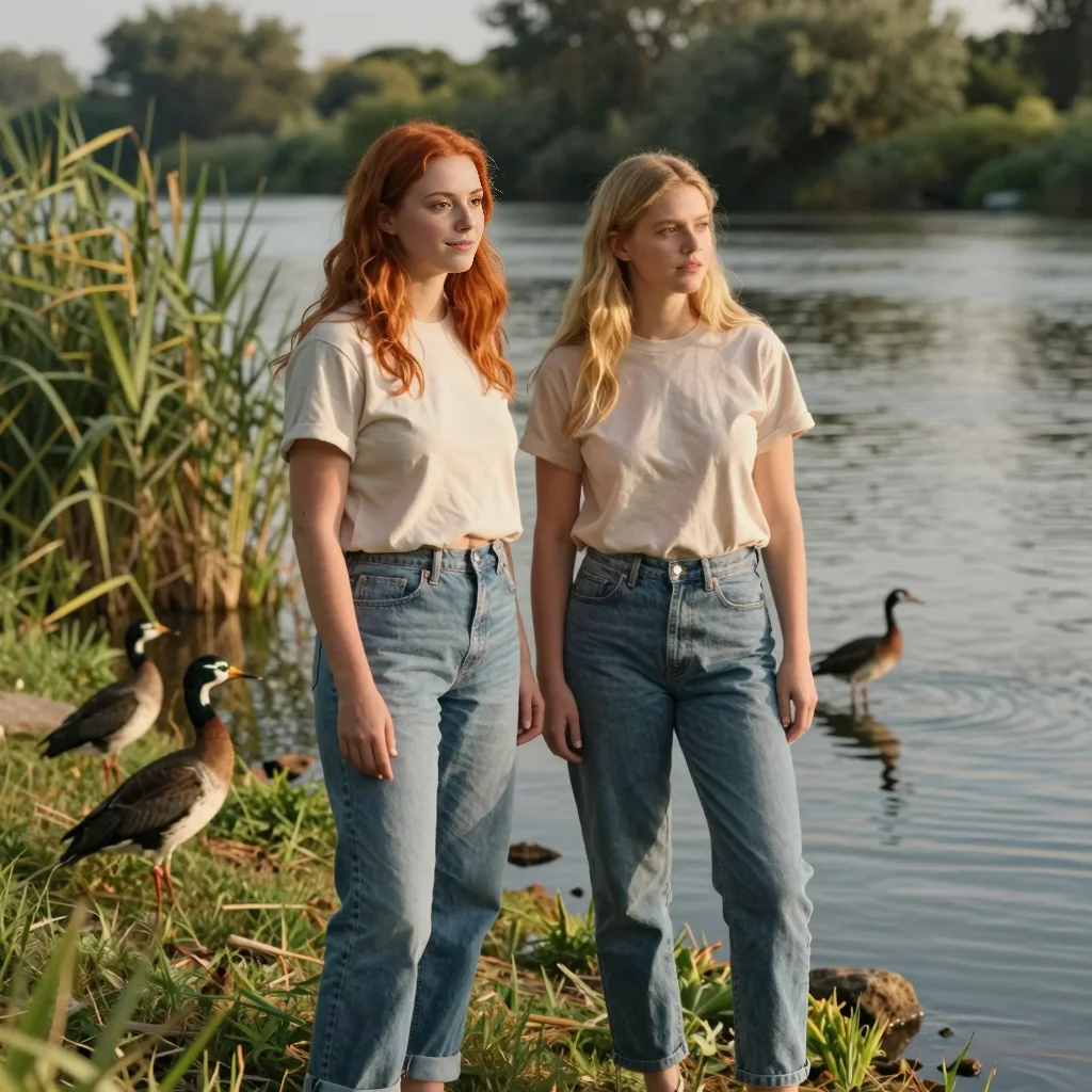 Brittany and her cousin watch birds near the water