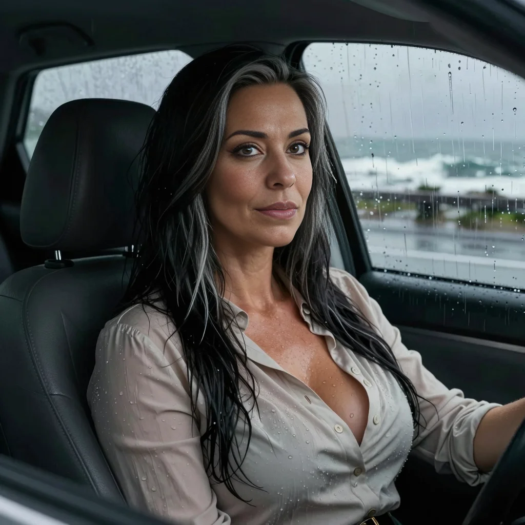 Casey waits in her car on a flooded coastal road