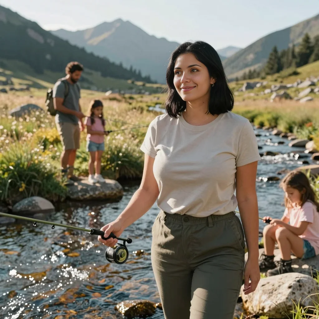 Family fishing beside a clear stream