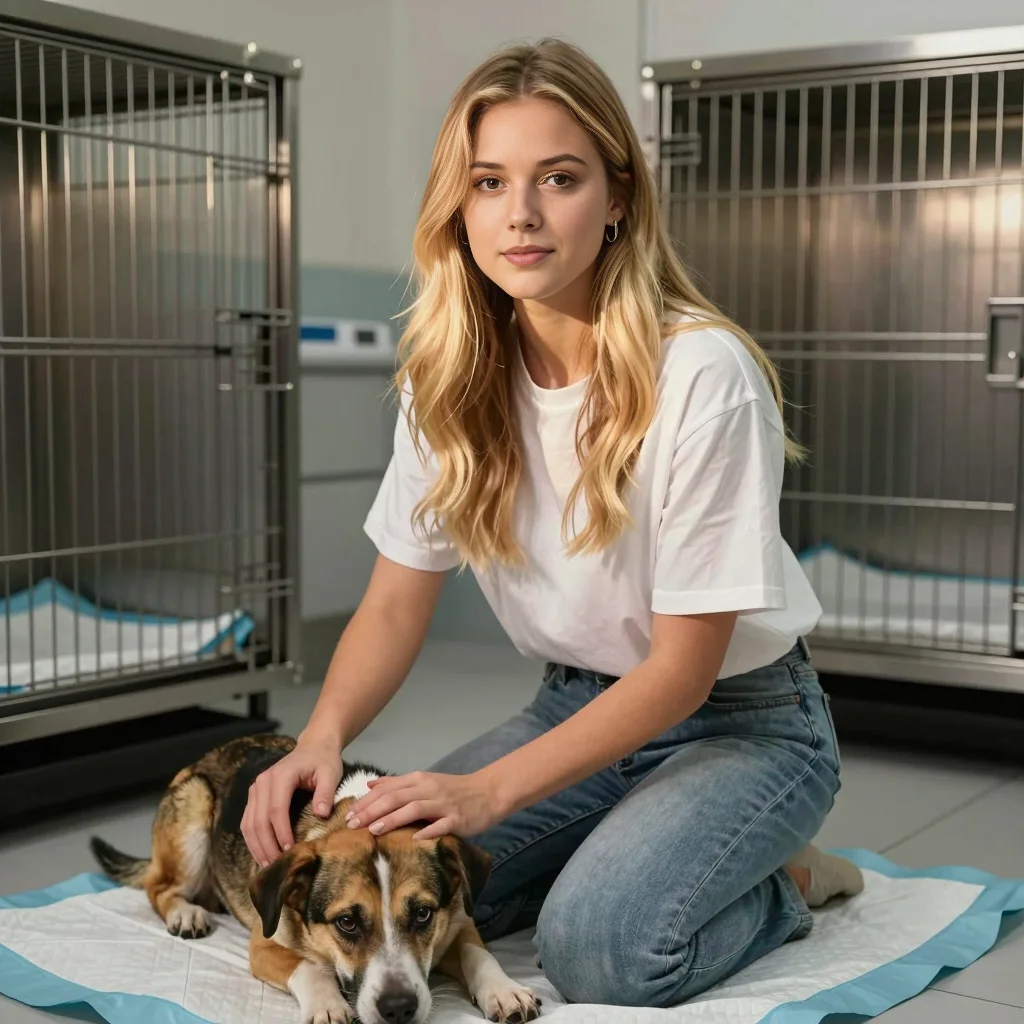 Woman comforting a dog inside a veterinary kennel
