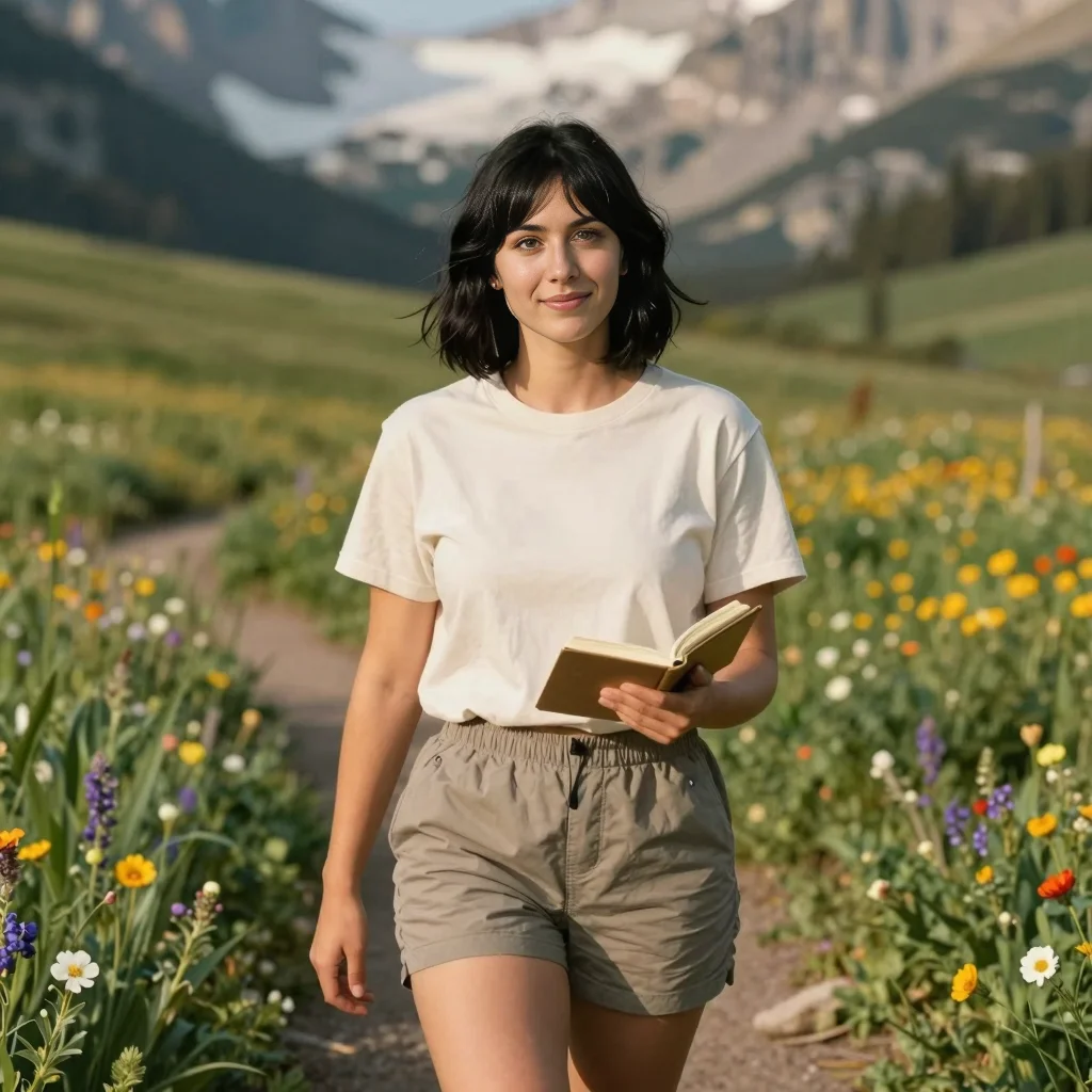 Emma walking a faint wildflower trail while recording data