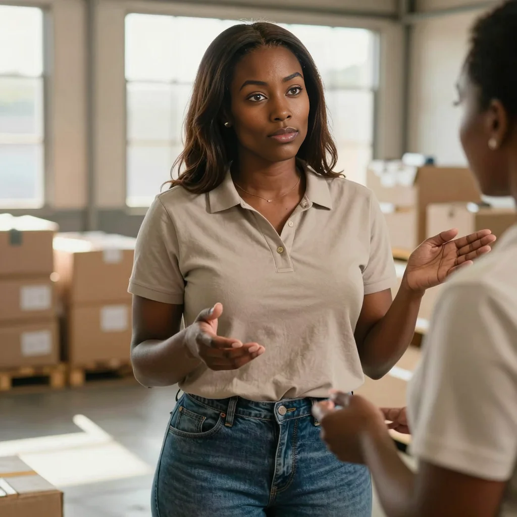 Jasmine calmly shows a coworker the mismatched packages