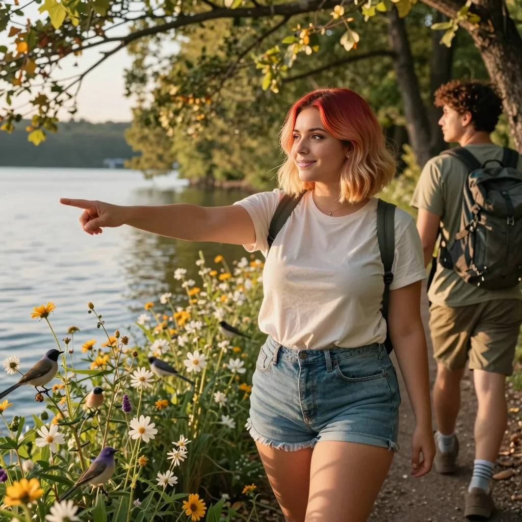 Wildflowers and birds on the lakeside trail