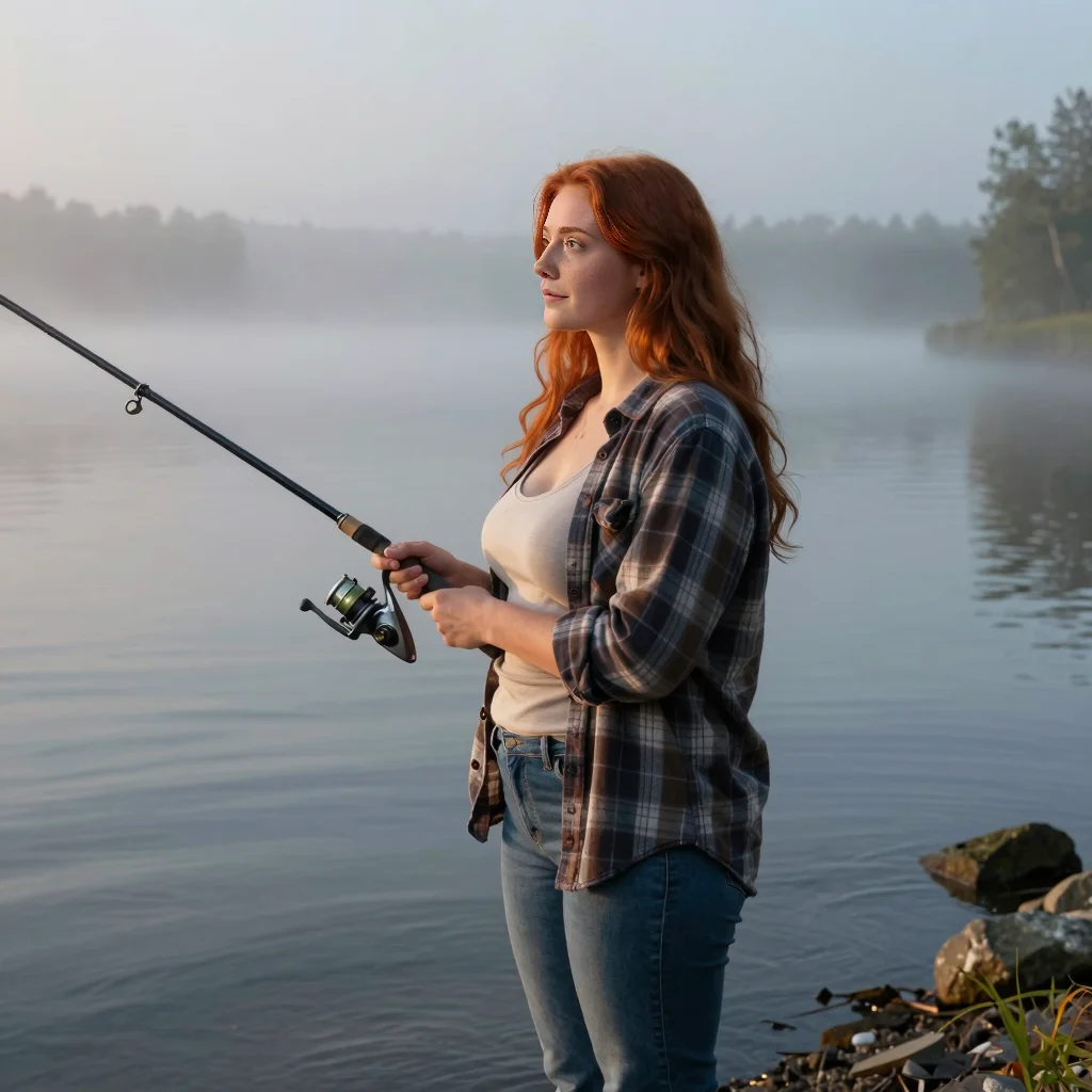 A misty lakeshore at dawn with a fishing rod