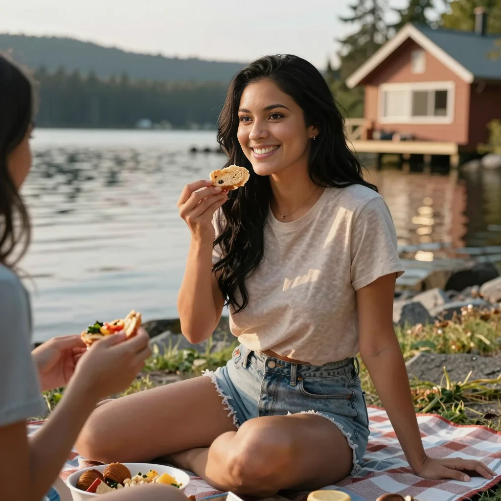 Natalie and Elena enjoy a lakeside picnic