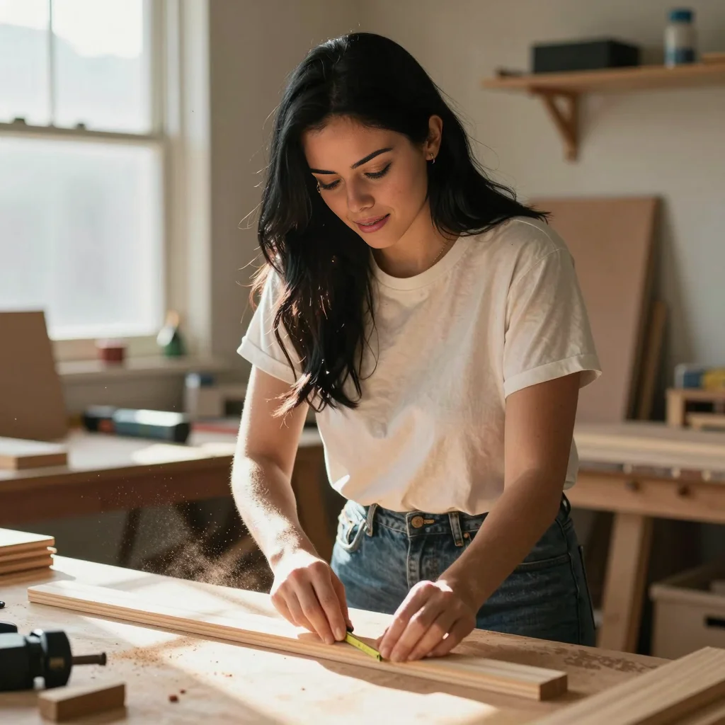 Olivia measures and cuts cedar boards in her workshop.