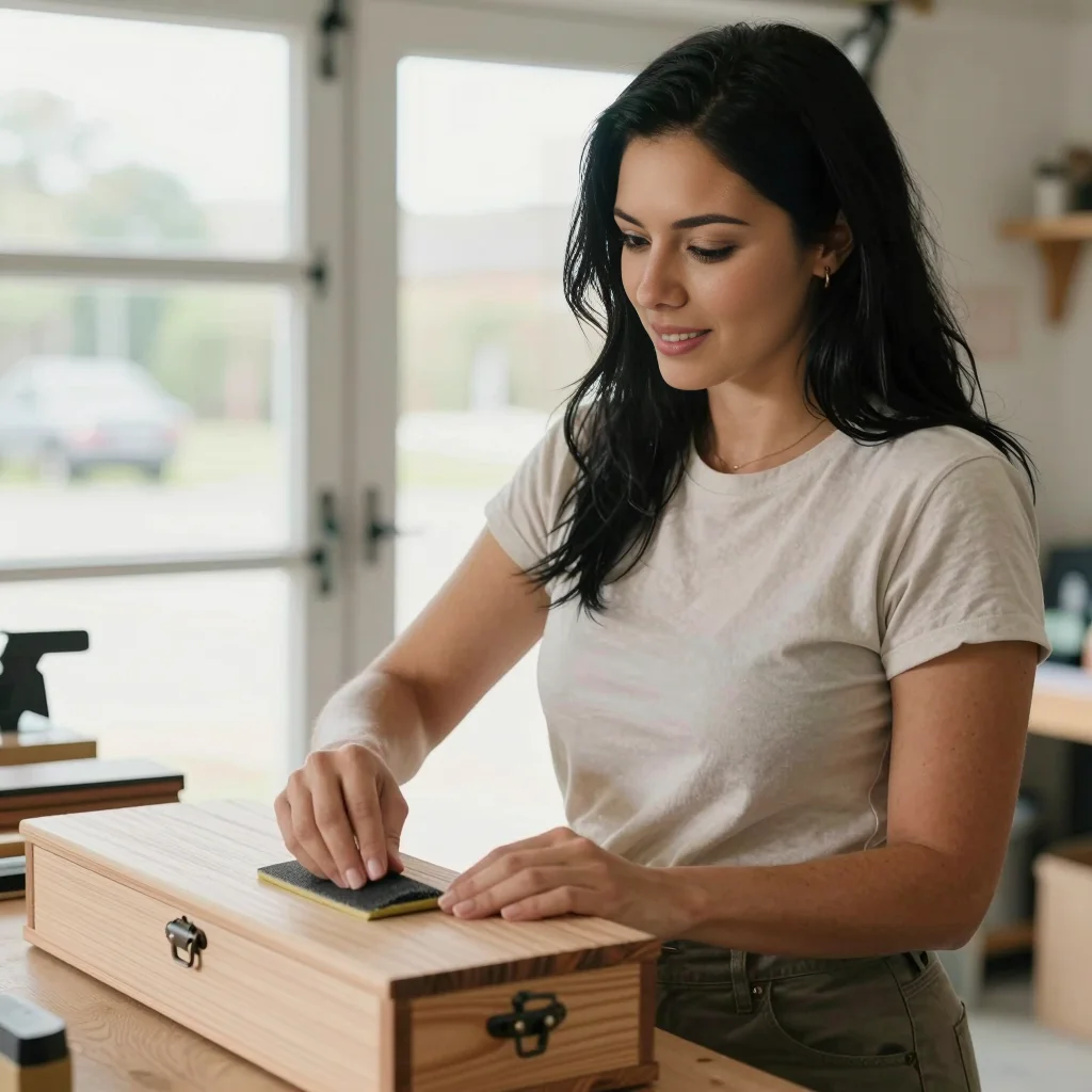 Olivia sands the assembled wooden fishing box.