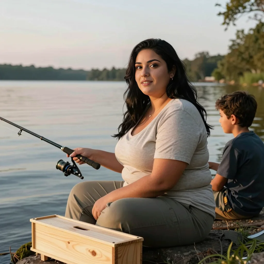 Olivia and James sit together by a lake with the fishing box.