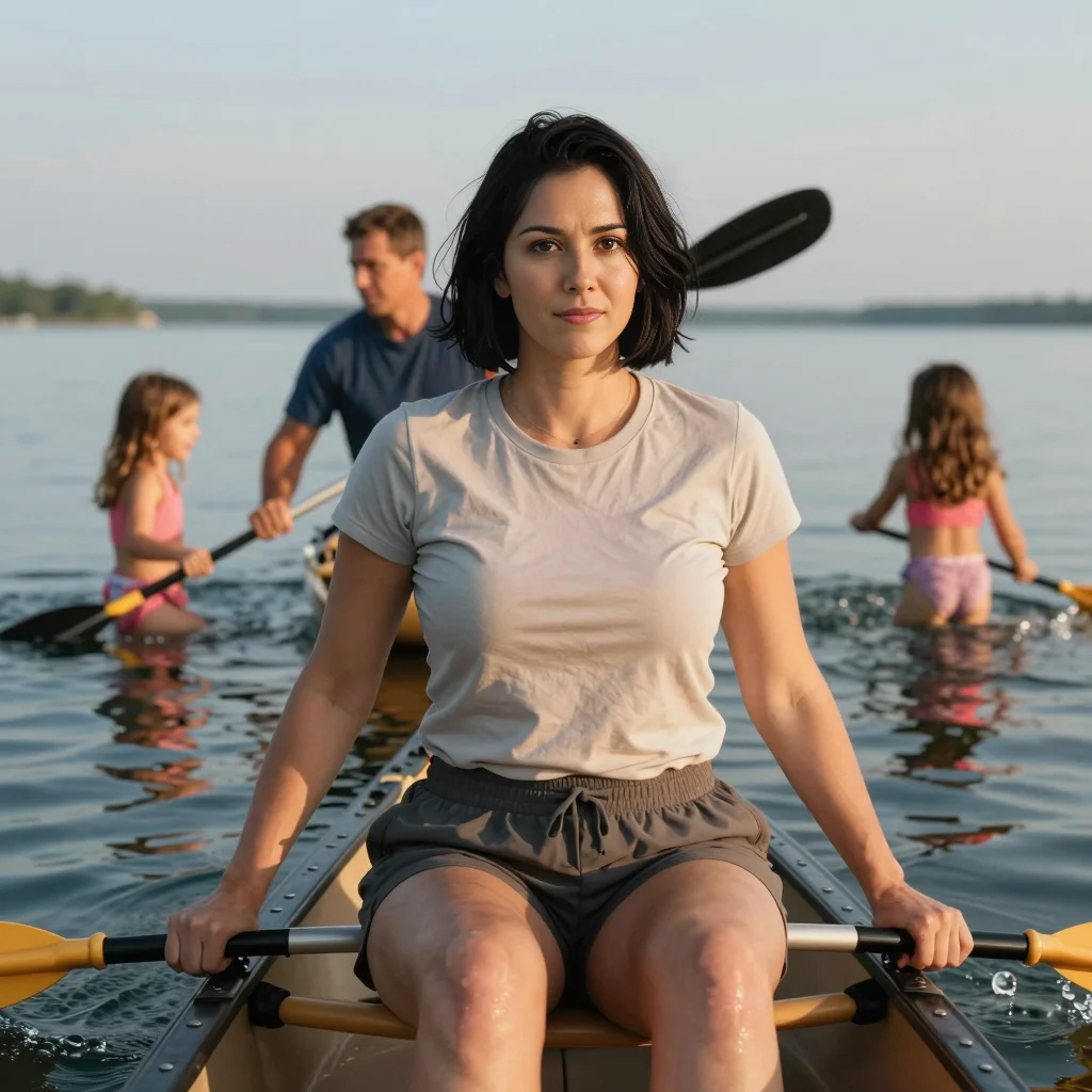 The family paddles together across calm bay water.