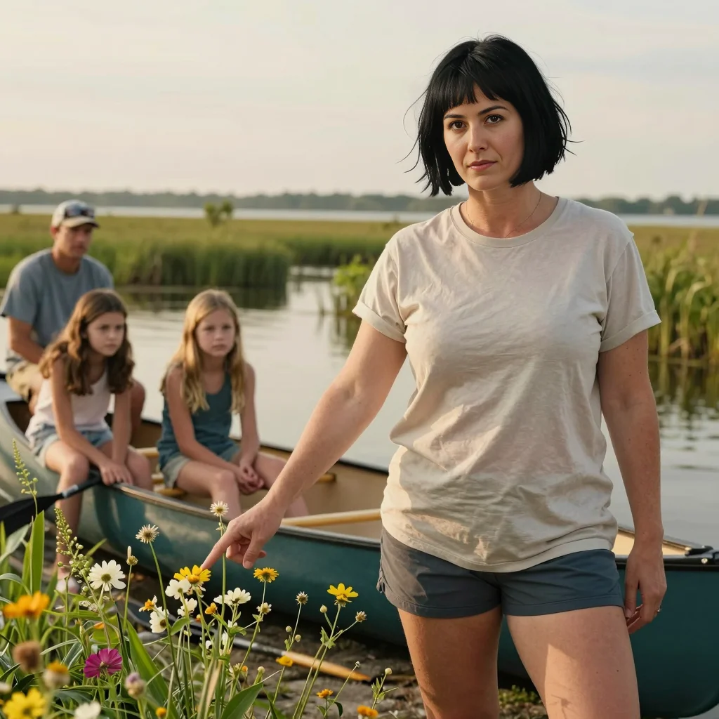 The family points out wildflowers along the bay bank.