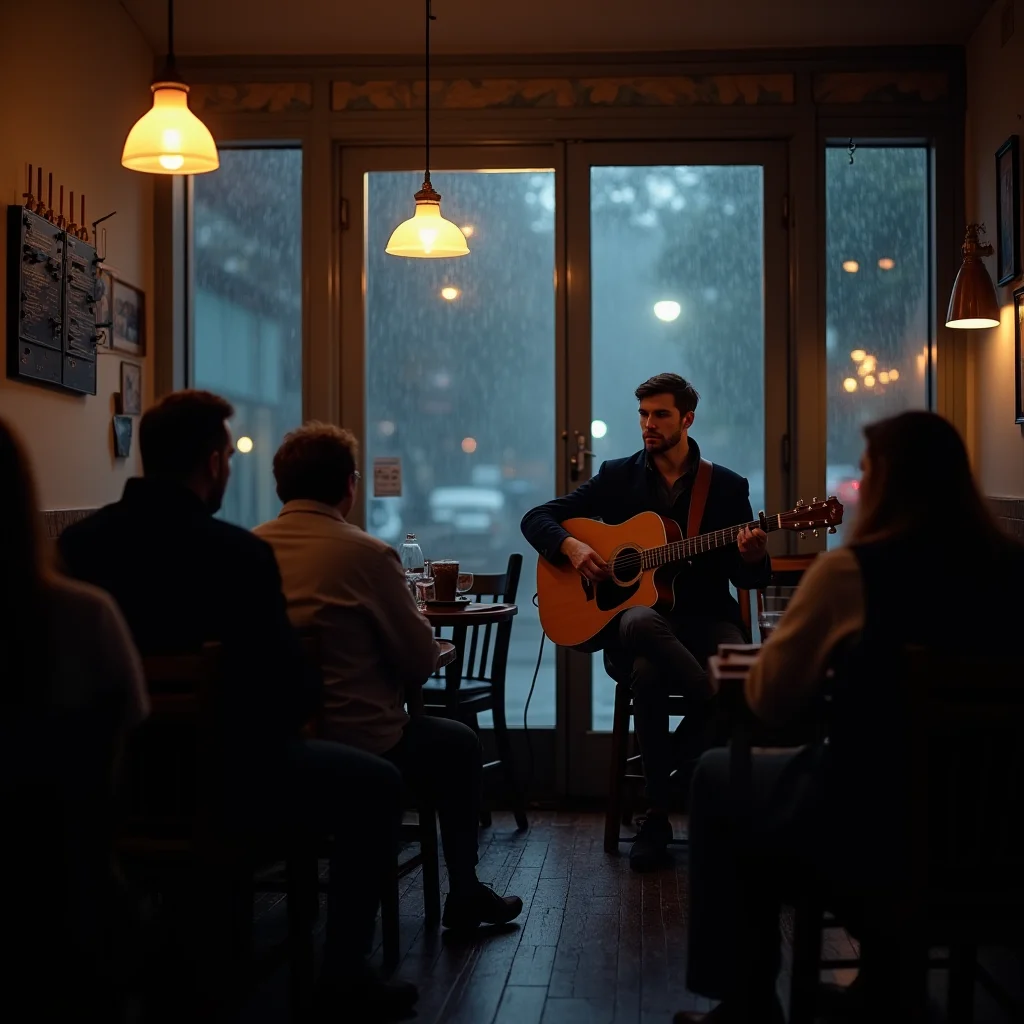 A guitarist performs an acoustic set for a quiet crowd inside a small cafe on a rainy evening.