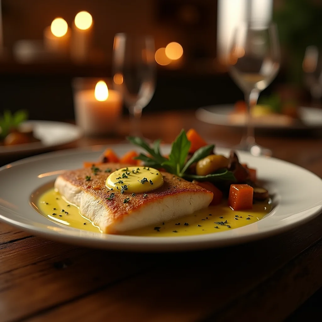 A plated piece of seared trout with herb butter and roasted vegetables on a rustic table.